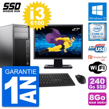 PC Tour HP Z240 Ecran 27" Intel Core i3-6100 RAM 8Go SSD 240Go Windows 10 Wifi