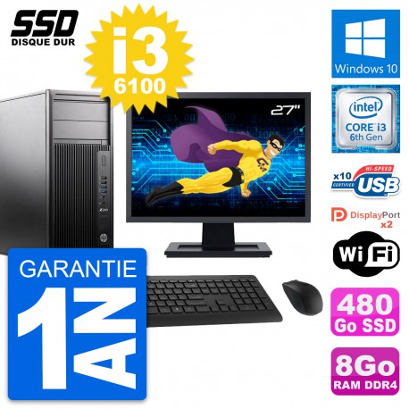 PC Tour HP Z240 Ecran 27" Intel Core i3-6100 RAM 8Go SSD 480Go Windows 10 Wifi