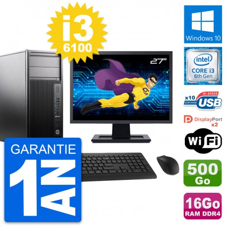 PC Tour HP Z240 MT Ecran 27" Intel i3-6100 RAM 16Go Disque 500Go Windows 10 Wifi