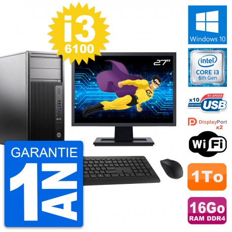PC Tour HP Z240 MT Ecran 27" Intel i3-6100 RAM 16Go Disque 1To Windows 10 Wifi