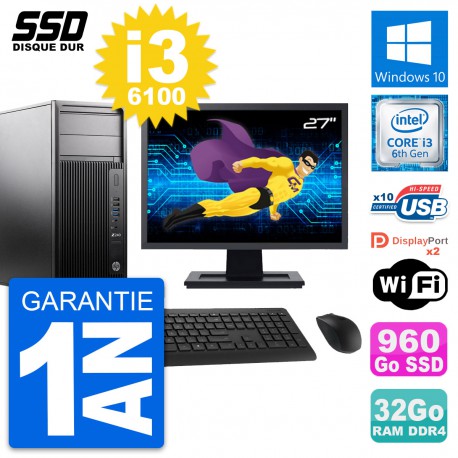 PC Tour HP WorkStation Z240 Ecran 27" i3-6100 RAM 32Go SSD 960Go Windows 10 Wifi