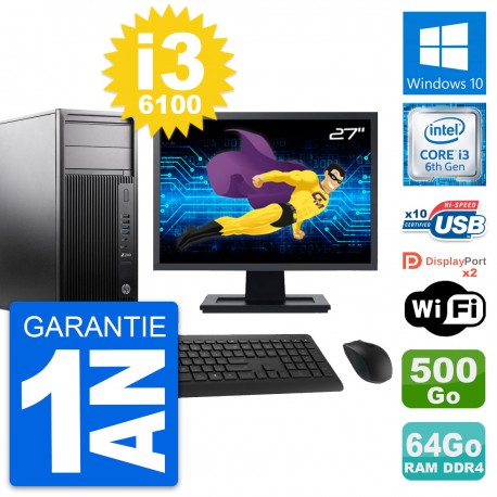 PC Tour HP Z240 MT Ecran 27" Intel i3-6100 RAM 64Go Disque 500Go Windows 10 Wifi