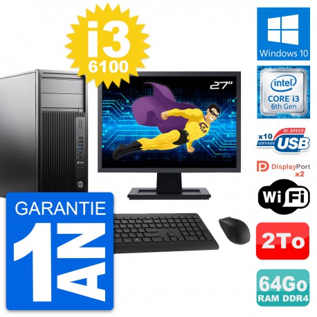 PC Tour HP Z240 MT Ecran 27" Intel i3-6100 RAM 64Go Disque 2To Windows 10 Wifi