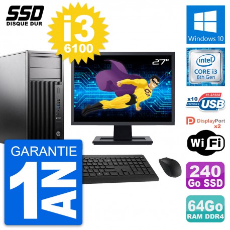 PC Tour HP WorkStation Z240 Ecran 27" i3-6100 RAM 64Go SSD 240Go Windows 10 Wifi
