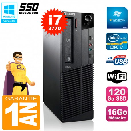 PC Lenovo M92p SFF Core I7-3770 16Go Disque 120Go SSD Graveur DVD Wifi W7