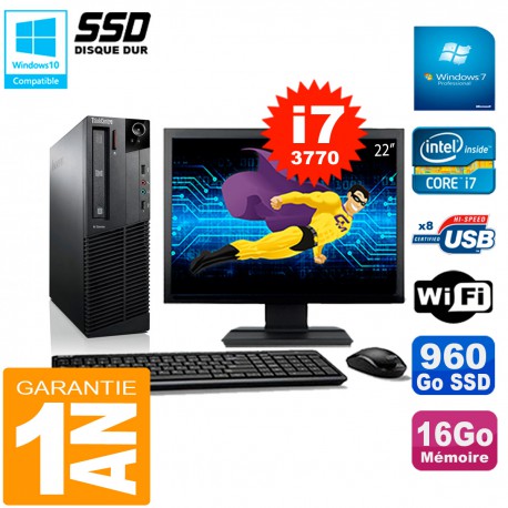 PC Lenovo M92p SFF Ecran 22" Core I7-3770 16Go Disque 960Go SSD Wifi W7