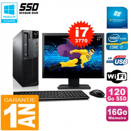 PC Lenovo M92p SFF Ecran 27" Core I7-3770 16Go Disque 120Go SSD Wifi W7