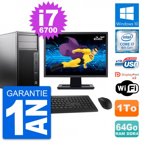 PC Tour HP Z240 MT Ecran 22" Intel i7-6700 RAM 64Go Disque 1To Windows 10 Wifi