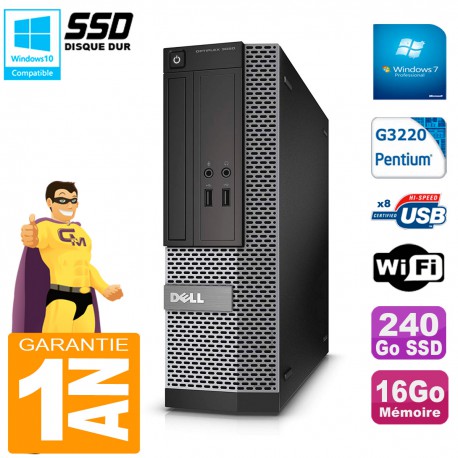 PC DELL 3020 SFF Intel G3220 Ram 16Go Disque 240 Go SSD Graveur DVD Wifi W7