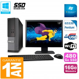 PC DELL 3020 SFF Ecran 19" Intel G3220 Ram 16Go Disque 480 Go SSD Wifi W7