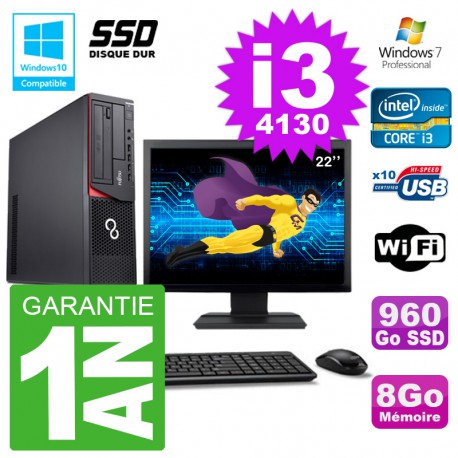 PC Fujitsu Esprimo E720 E85+ DT Ecran 22'' i3-4130 RAM 8Go 960 Go SSD Wifi W7