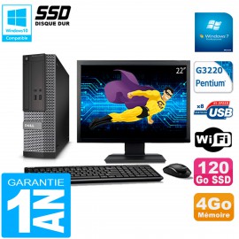 PC DELL 3020 SFF Ecran 22" Intel G3220 RAM 4Go Disque Dur 120 Go SSD Wifi W7