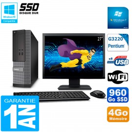 PC DELL 3020 SFF Ecran 27" Intel G3220 RAM 4Go Disque Dur 960 Go SSD Wifi W7