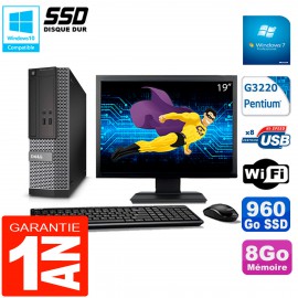 PC DELL 3020 SFF Ecran 19" Intel G3220 RAM 8Go Disque Dur 960 Go SSD Wifi W7