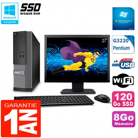 PC DELL 3020 SFF Ecran 27" Intel G3220 RAM 8Go Disque Dur 120 Go SSD Wifi W7