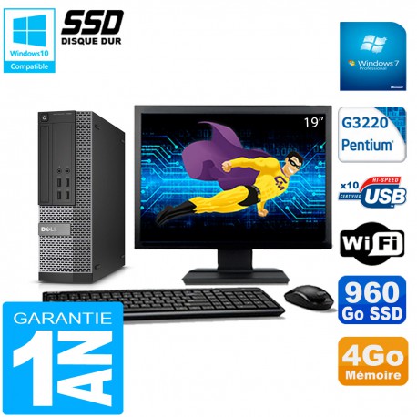 PC DELL 7020 SFF Ecran 19" Intel G3220 RAM 4Go Disque Dur 960 Go SSD Wifi W7
