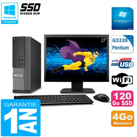 PC DELL 7020 SFF Ecran 27" Intel G3220 RAM 4Go Disque Dur 120 Go SSD Wifi W7