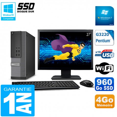 PC DELL 7020 SFF Ecran 27" Intel G3220 RAM 4Go Disque Dur 960 Go SSD Wifi W7