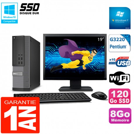 PC DELL 7020 SFF Ecran 19" Intel G3220 RAM 8Go Disque Dur 120 Go SSD Wifi W7