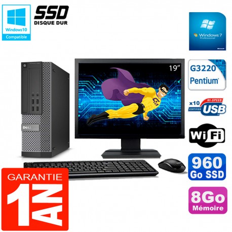 PC DELL 7020 SFF Ecran 19" Intel G3220 RAM 8Go Disque Dur 960 Go SSD Wifi W7