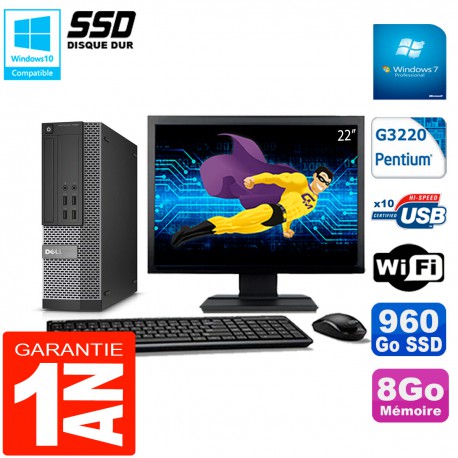 PC DELL 7020 SFF Ecran 22" Intel G3220 RAM 8Go Disque Dur 960 Go SSD Wifi W7