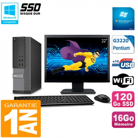 PC DELL 7020 SFF Ecran 22" Intel G3220 RAM 16Go Disque Dur 120 Go SSD Wifi W7