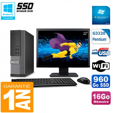 PC DELL 7020 SFF Ecran 22" Intel G3220 RAM 16Go Disque Dur 960 Go SSD Wifi W7