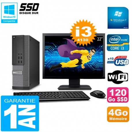 PC DELL 7020 SFF Ecran 22" Core I3-4130 RAM 4Go Disque Dur 120 Go SSD Wifi W7