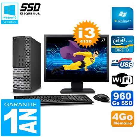 PC DELL 7020 SFF Ecran 27" Core I3-4130 RAM 4Go Disque Dur 960 Go SSD Wifi W7