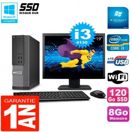 PC DELL 7020 SFF Ecran 19" Core I3-4130 RAM 8Go Disque Dur 120 Go SSD Wifi W7