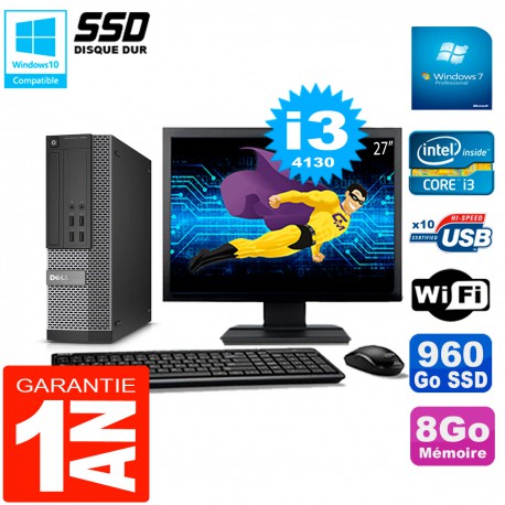 PC DELL 7020 SFF Ecran 27" Core I3-4130 RAM 8Go Disque Dur 960 Go SSD Wifi W7