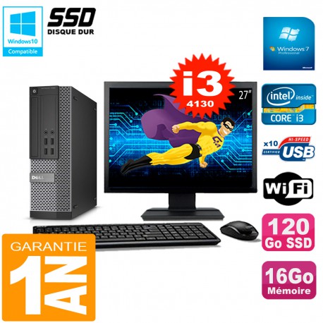 PC DELL 7020 SFF Ecran 27" Core I3-4130 RAM 16Go Disque Dur 120 Go SSD Wifi W7