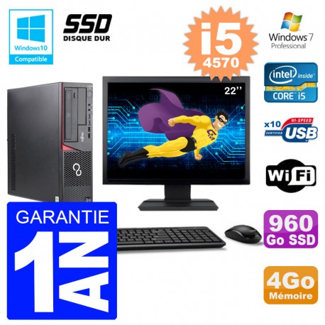 PC Fujitsu Esprimo E720 E85+ DT Ecran 22'' i5-4570 RAM 4Go 960 Go SSD Wifi W7