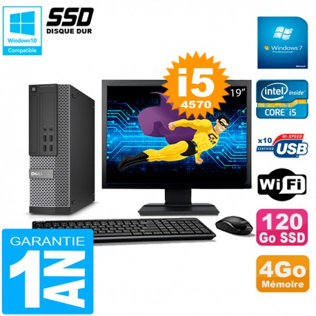 PC DELL 7020 SFF Ecran 19" Core I5-4570 RAM 4Go Disque Dur 120 Go SSD Wifi W7