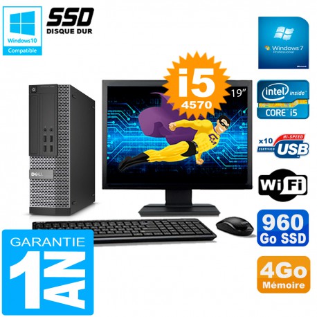 PC DELL 7020 SFF Ecran 19" Core I5-4570 RAM 4Go Disque Dur 960 Go SSD Wifi W7