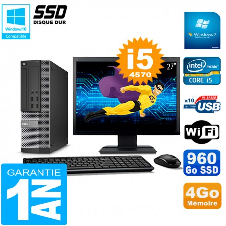 PC DELL 7020 SFF Ecran 27" Core I5-4570 RAM 4Go Disque Dur 960 Go SSD Wifi W7