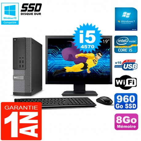 PC DELL 7020 SFF Ecran 19" Core I5-4570 RAM 8Go Disque Dur 960 Go SSD Wifi W7