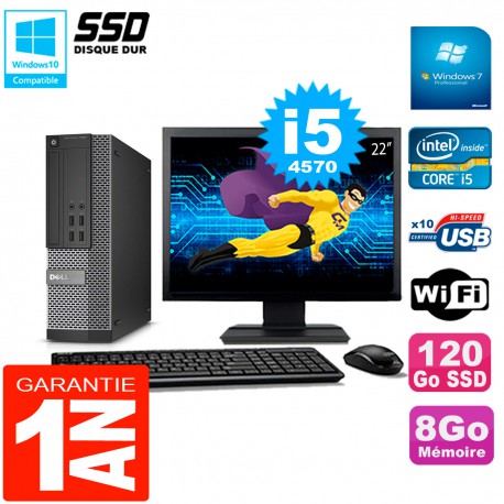 PC DELL 7020 SFF Ecran 22" Core I5-4570 RAM 8Go Disque Dur 120 Go SSD Wifi W7