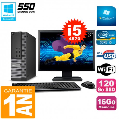 PC DELL 7020 SFF Ecran 27" Core I5-4570 RAM 16Go Disque Dur 120 Go SSD Wifi W7
