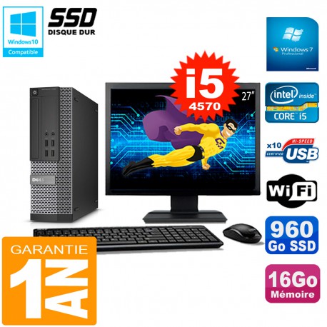 PC DELL 7020 SFF Ecran 27" Core I5-4570 RAM 16Go Disque Dur 960 Go SSD Wifi W7