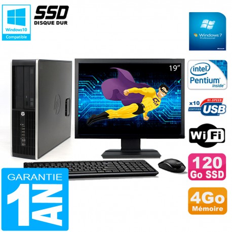 PC HP Compaq 8300 SFF Ecran 19" Intel G850 RAM 4Go Disque 120 Go SSD Wifi W7