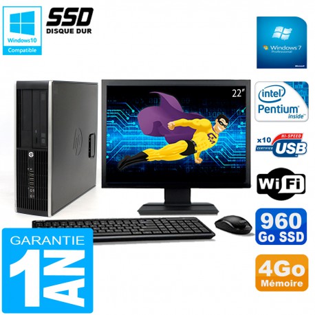 PC HP Compaq 8300 SFF Ecran 22" Intel G850 RAM 4Go Disque 960 Go SSD Wifi W7