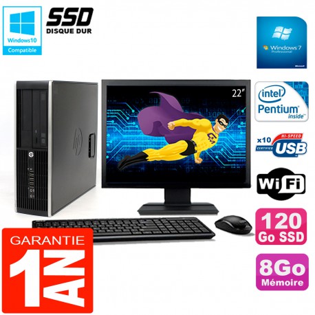 PC HP Compaq 8300 SFF Ecran 22" Intel G850 RAM 8Go Disque 120 Go SSD Wifi W7