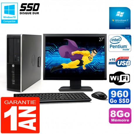 PC HP Compaq 8300 SFF Ecran 27" Intel G850 RAM 8Go Disque 960 Go SSD Wifi W7
