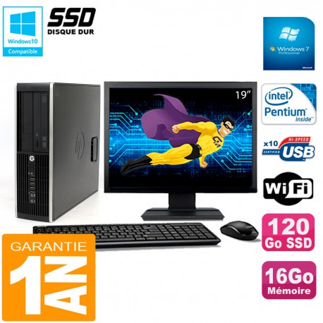PC HP Compaq 8300 SFF Ecran 19" Intel G850 RAM 16Go Disque 120 Go SSD Wifi W7