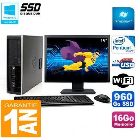 PC HP Compaq 8300 SFF Ecran 19" Intel G850 RAM 16Go Disque 960 Go SSD Wifi W7
