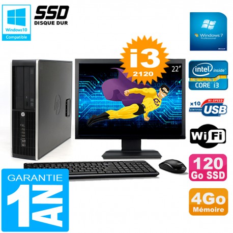 PC HP Compaq 8300 SFF Ecran 22"Core I3-2120 RAM 4Go Disque 120 Go SSD Wifi W7