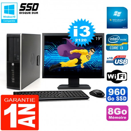PC HP Compaq 8300 SFF Ecran 19" Core I3-2120 RAM 8Go Disque 960 Go SSD Wifi W7