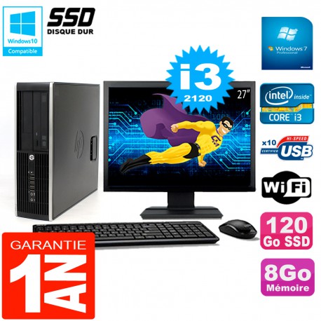 PC HP Compaq 8300 SFF Ecran 27" Core I3-2120 RAM 8Go Disque 120 Go SSD Wifi W7