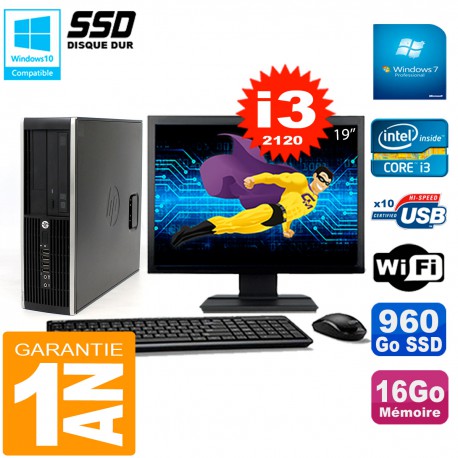 PC HP Compaq 8300 SFF Ecran 19" Core I3-2120 RAM 16Go Disque 960 Go SSD Wifi W7